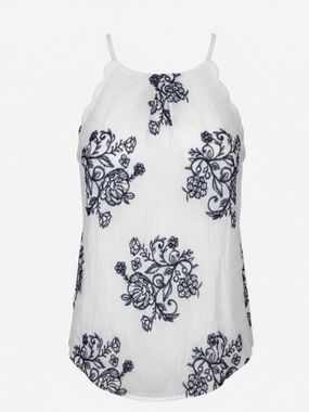 BCX White Halter Camisole with Navy Floral Embroidery